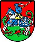 Wappen: Blauer Ritter auf weißen Pferd erlegt einen grünen Drachen